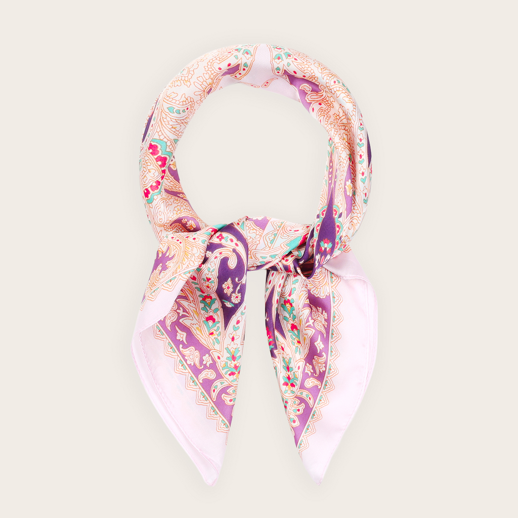 Bandana sjaaltje zomers paars en beige met bloemenprint