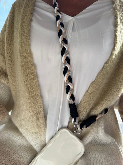 Telefoonkoord lang | Gevlochten zwart beige & a touch of gold