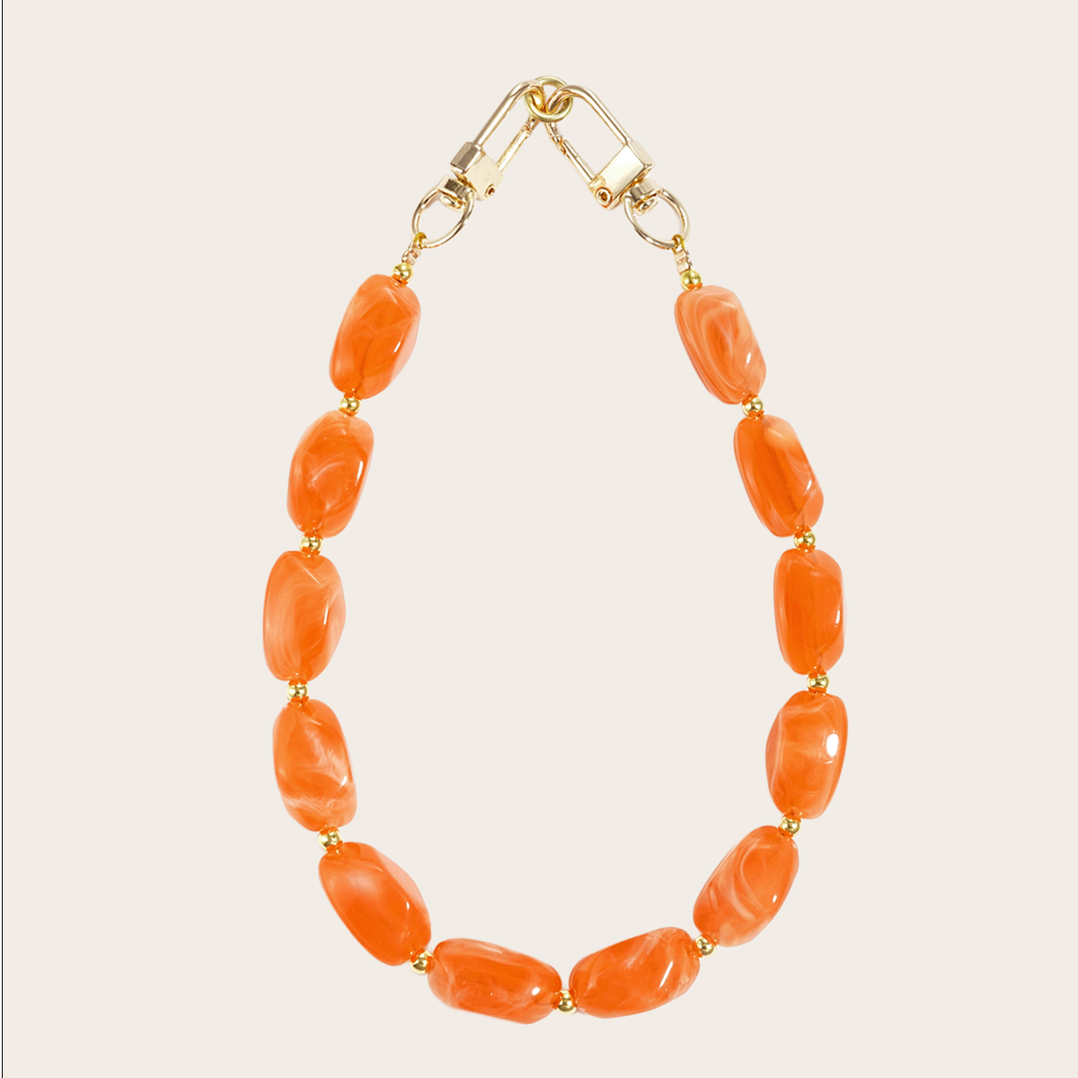 Kort telefoonkoord phonestrap goud met oranje kralen