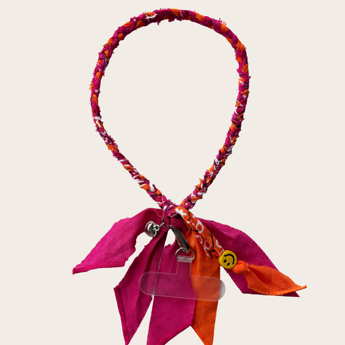 Bandana telefoonkoord fuschia roze oranje smiley bedels